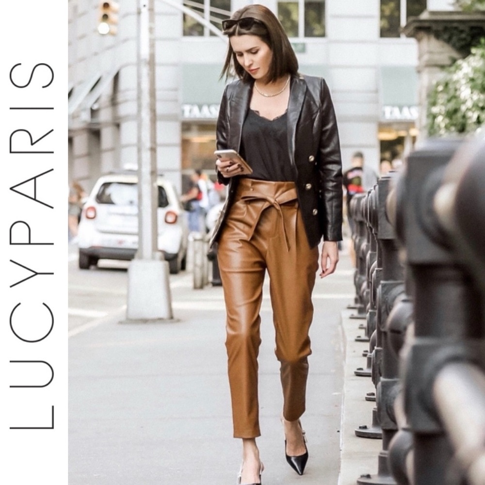 LUCY PARIS COGNAC VEGAN LEATHER PAPER BAG WAIST BELTED PANTS